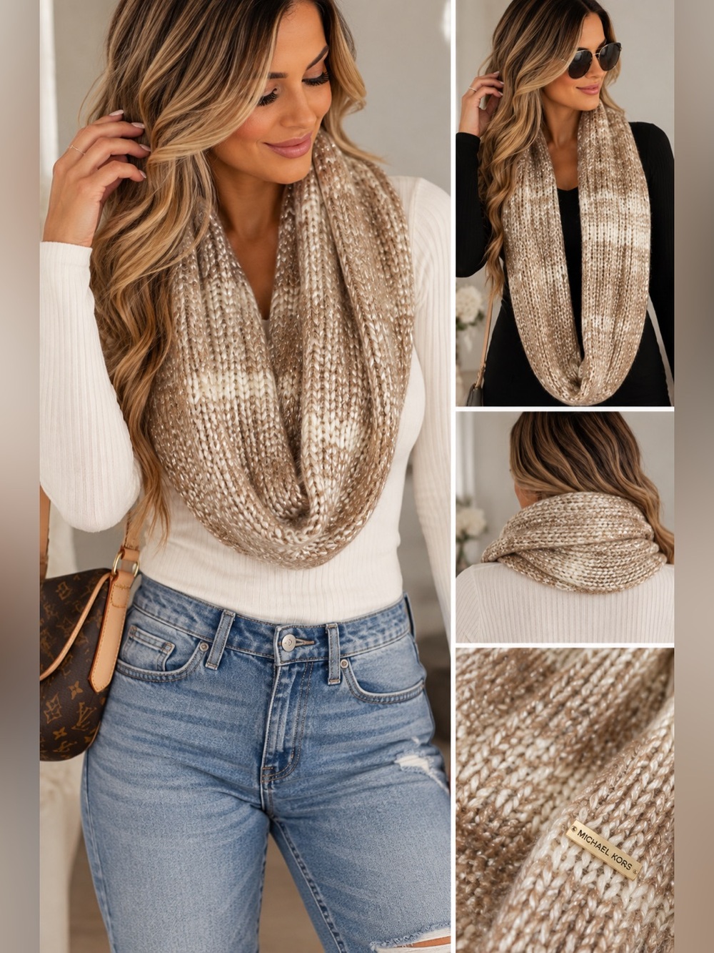 Michael Kors Neutral Knit Scarf - Cream and White
